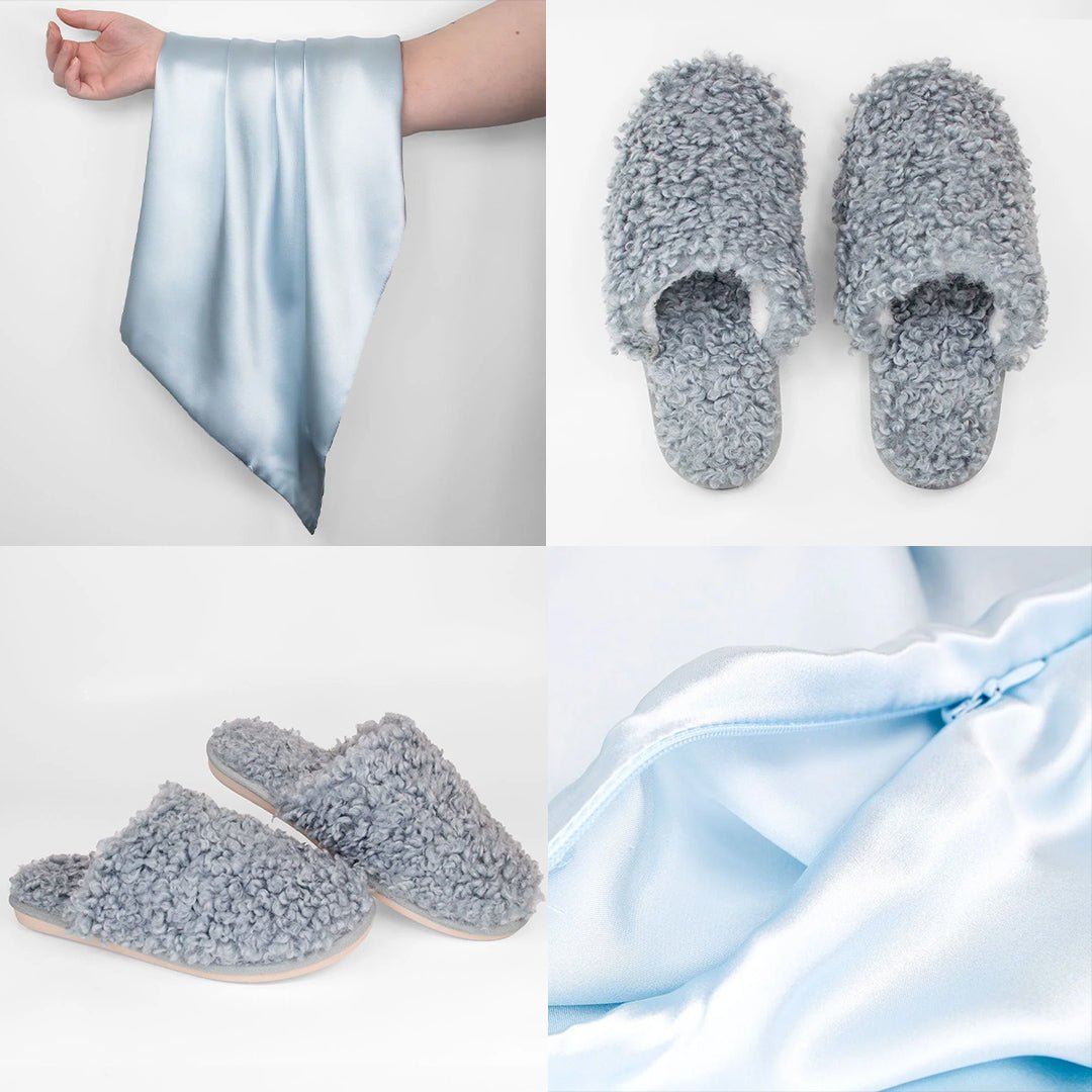 iGlow Silkeputetrekk, Blue Ice + Teddytøfler, Sweet Blue - iGlow.no