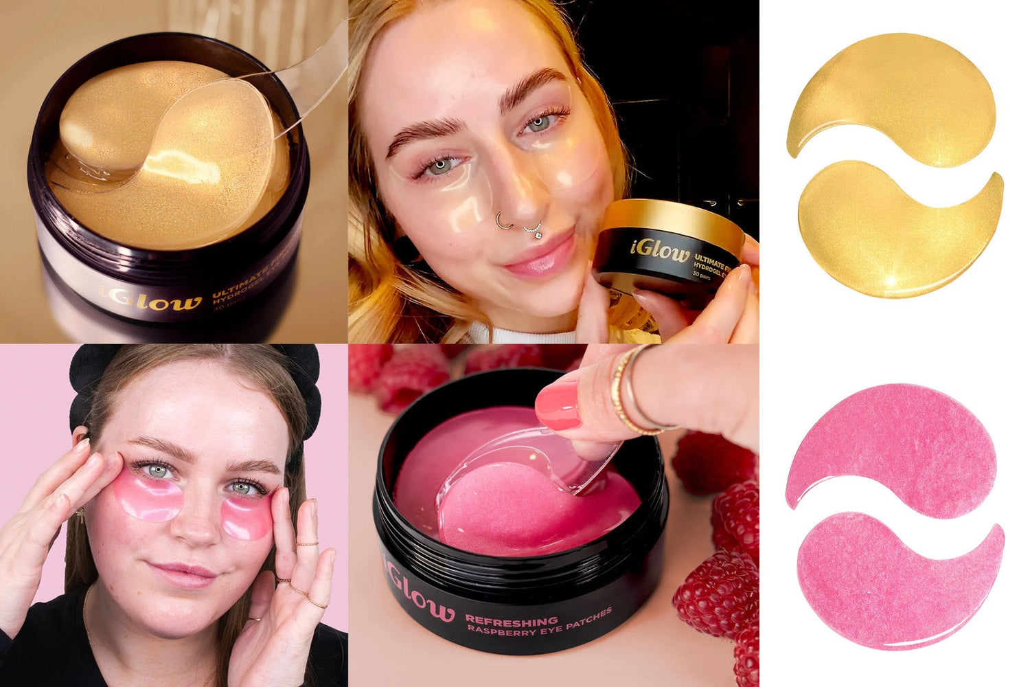 iGlow Øyemaske - iGlow.no - En pakke med iGlow Ultimate Firming - Hydrogel Eye Patches åpnet på en bordflate, som viser de gullfargede hydrogel-øyemaskene inni, klare for bruk.