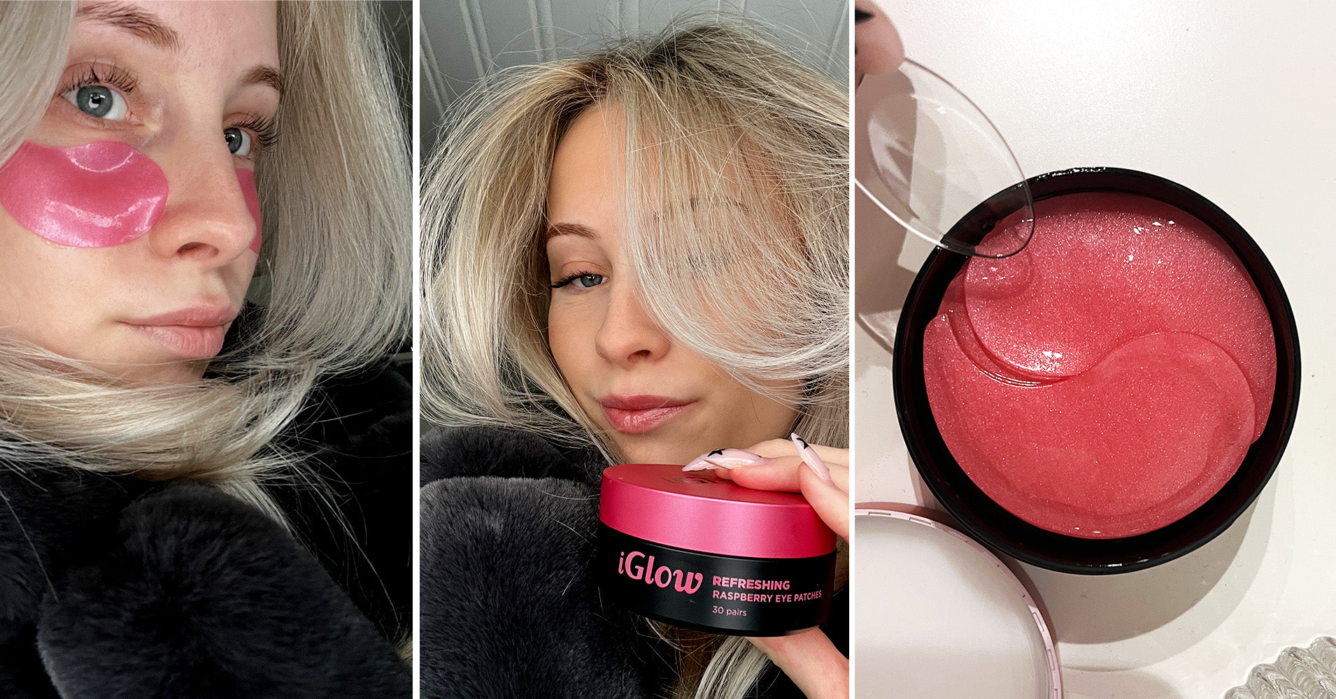 En collage av tre bilder viser iGlow Ultimate Firming Hydrogel Eye Patches. Til venstre, en kvinne med langt, lyst hår og rosa hydrogel øyemasker under øynene. I midten, samme kvinne holder en åpen beholder merket "iGlow Refreshing Raspberry Eye Patches". Til høyre, nærbilde av beholderen åpen med rosa hydrogel-øyemasker.