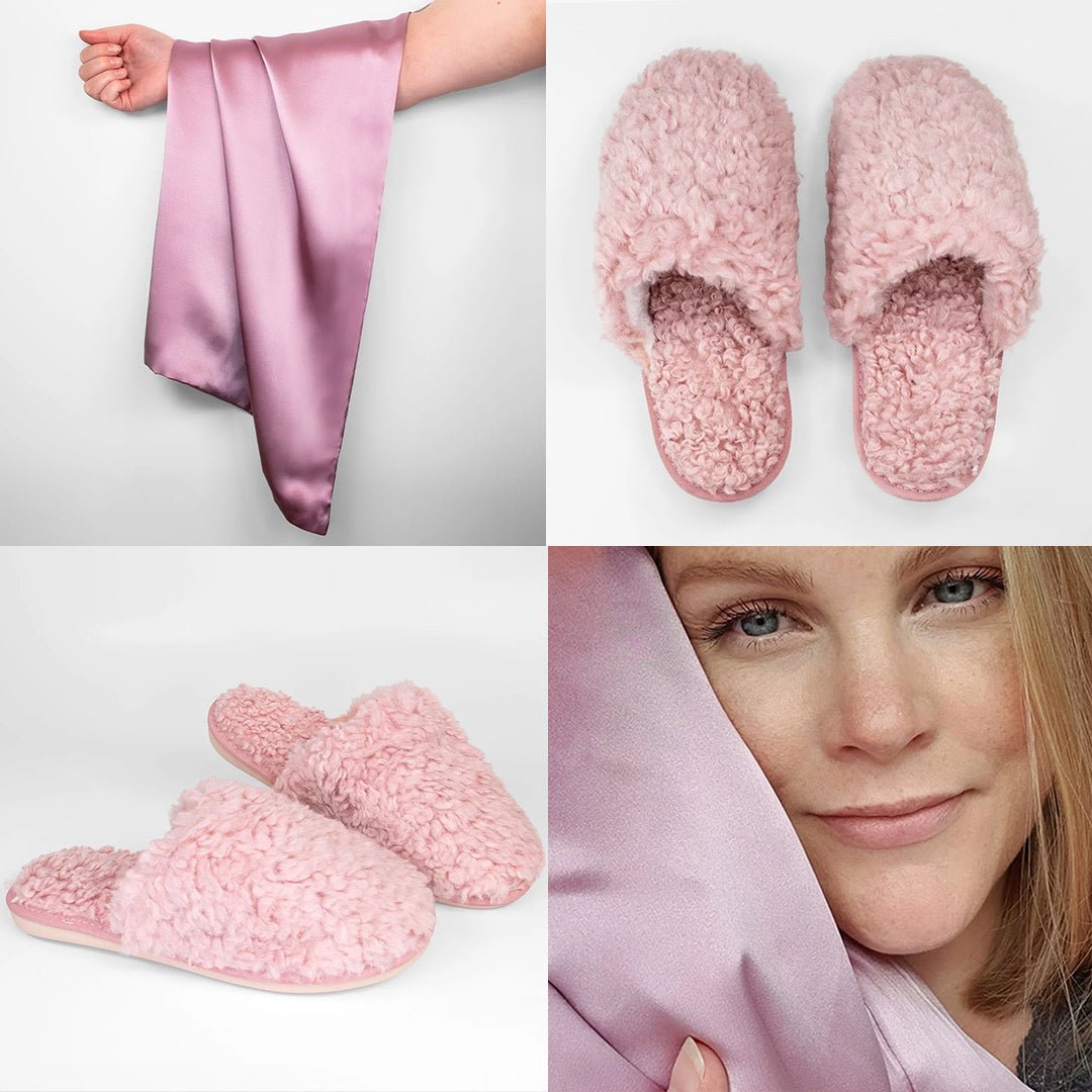 iGlow Silkeputetrekk, Lilac Mist &amp; Teddytøfler, Velvet Rose - iGlow.no