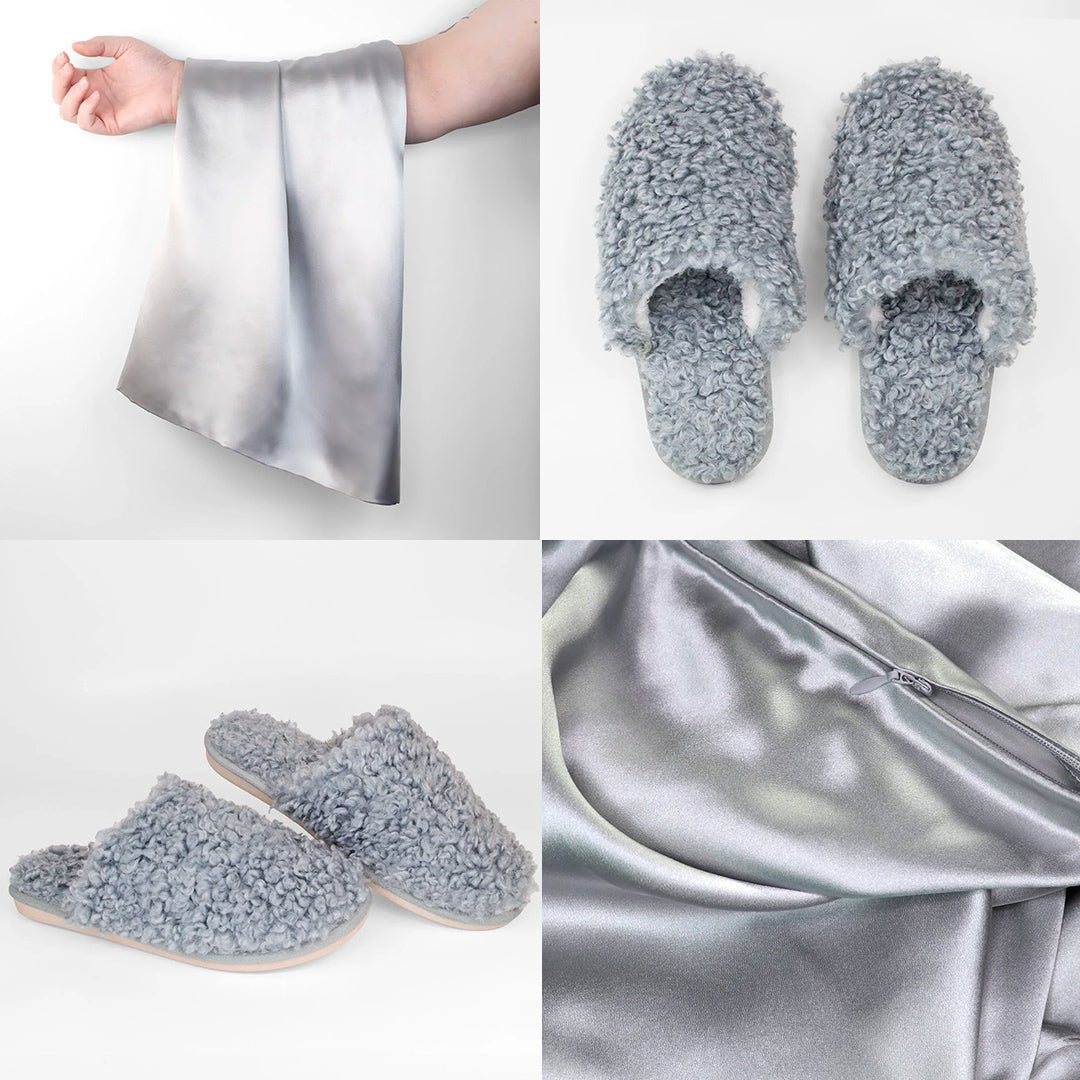 iGlow Silkeputetrekk, Serene Silver &amp; Teddytøfler, Sweet Blue - iGlow.no