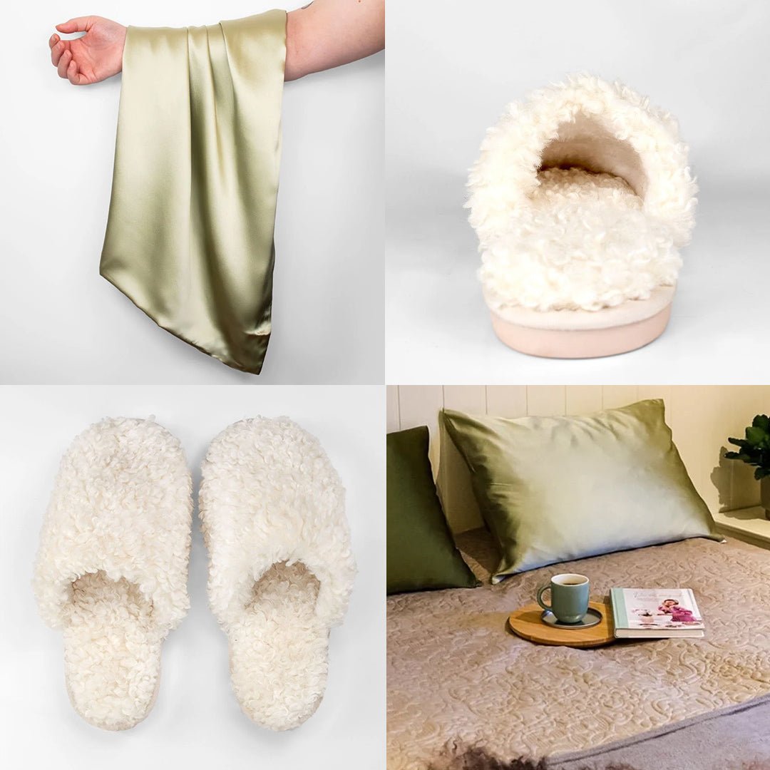 iGlow Silkeputetrekk, Tranquil Green &amp; Teddytøfler, Soft Cream - iGlow.no